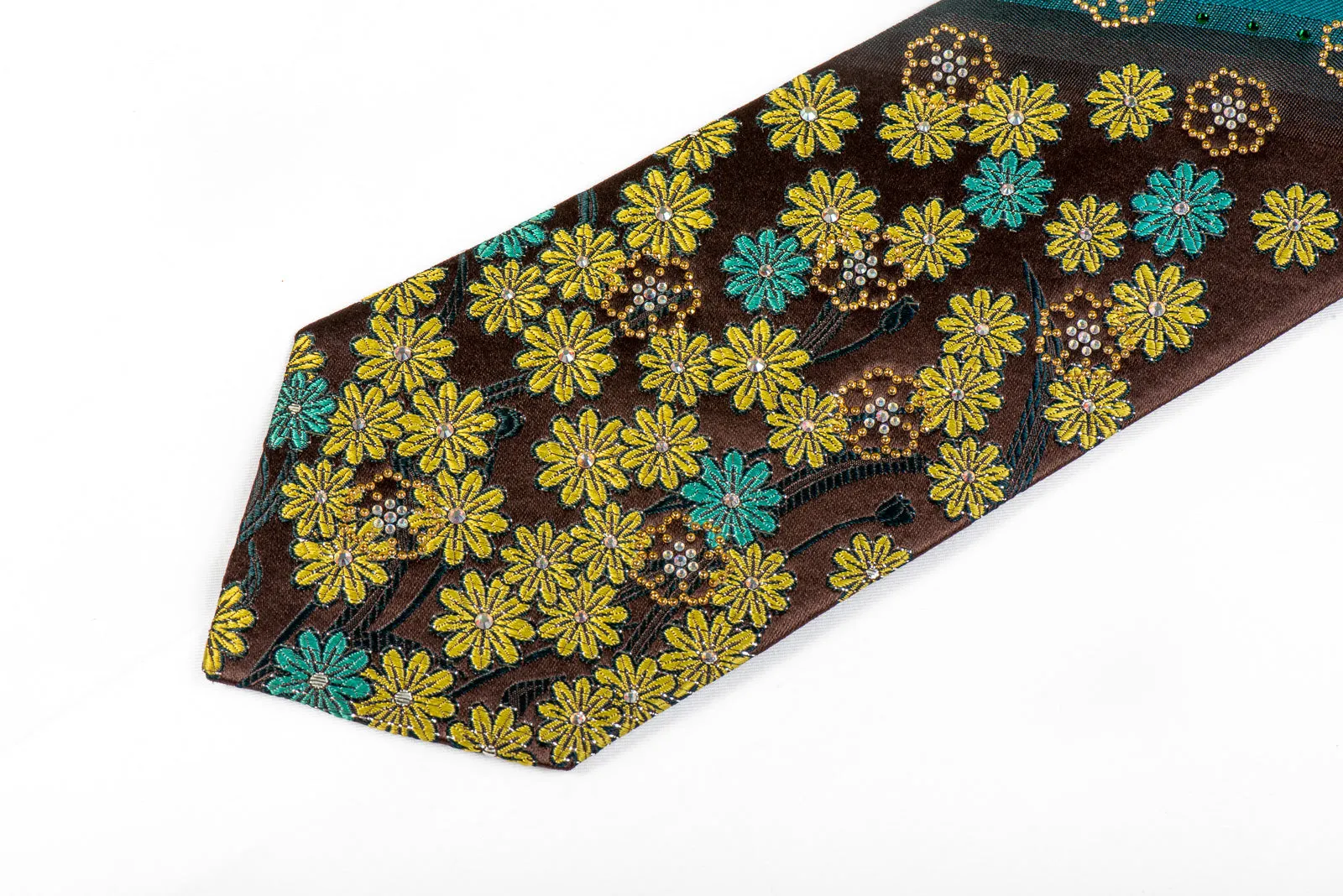 Mila Schon Rhinestone Necktie Green Turquoise Floral On Brown