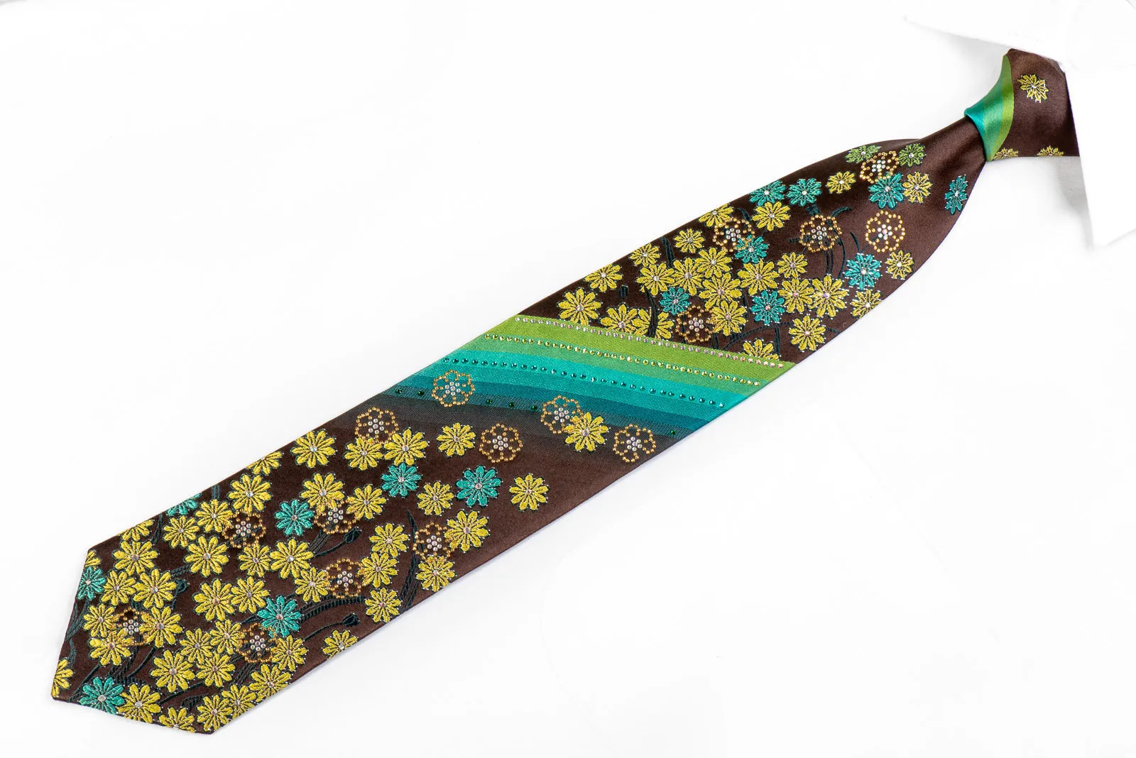 Mila Schon Rhinestone Necktie Green Turquoise Floral On Brown