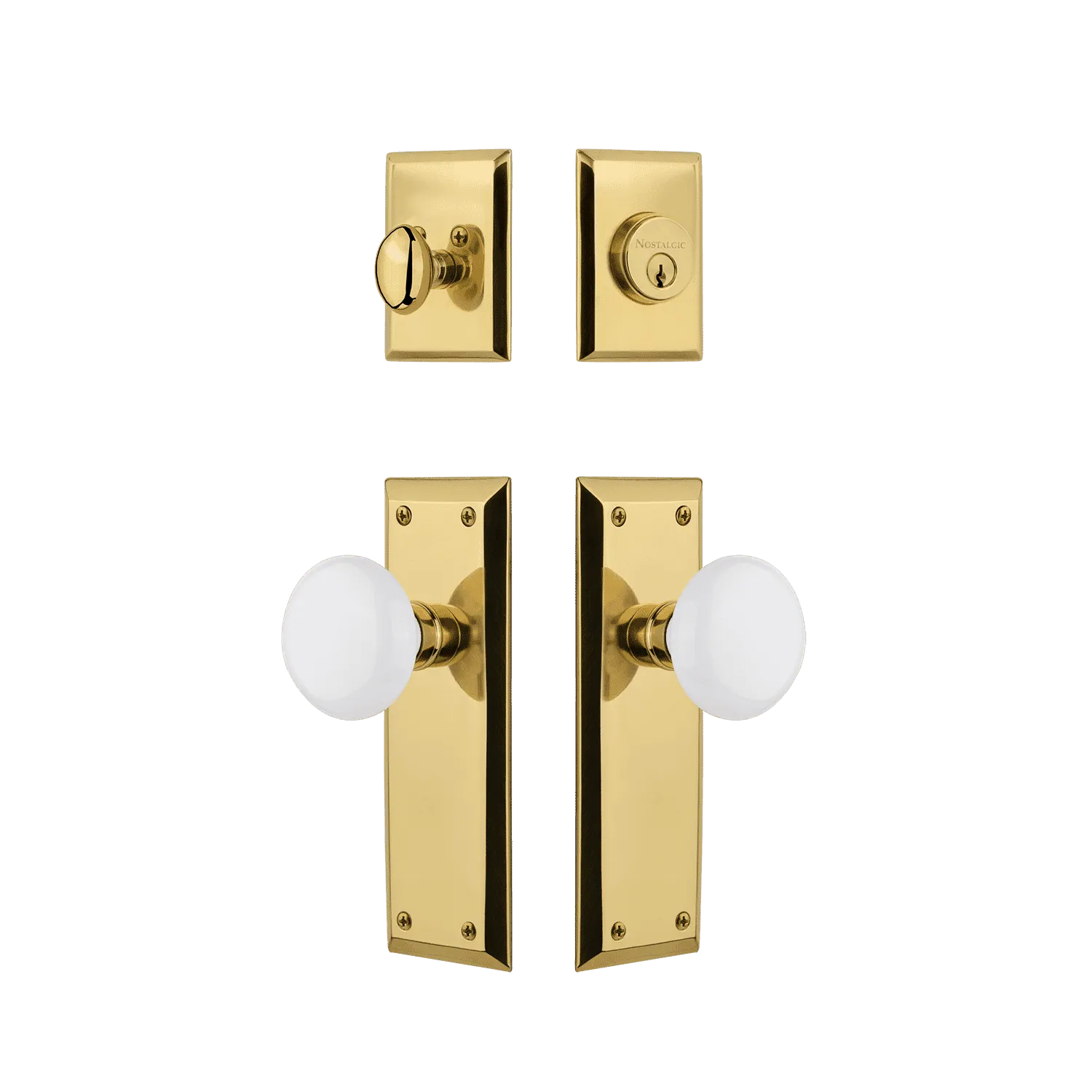 New York Entry Set with White Porcelain Knob in Unlacquered Brass