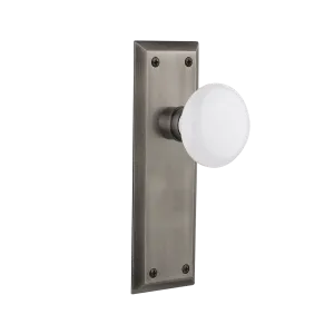 New York Long Plate with White Porcelain Knob in Antique Pewter