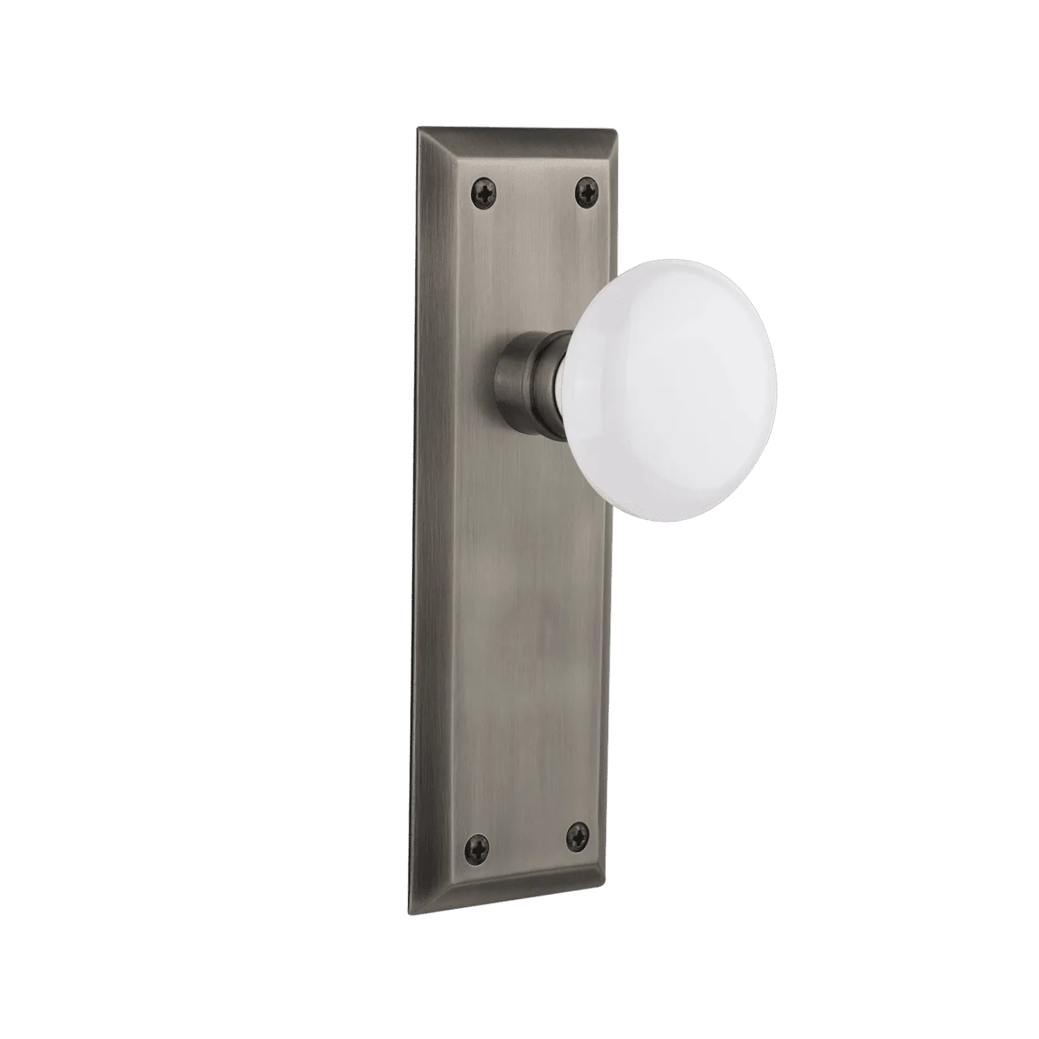 New York Long Plate with White Porcelain Knob in Antique Pewter
