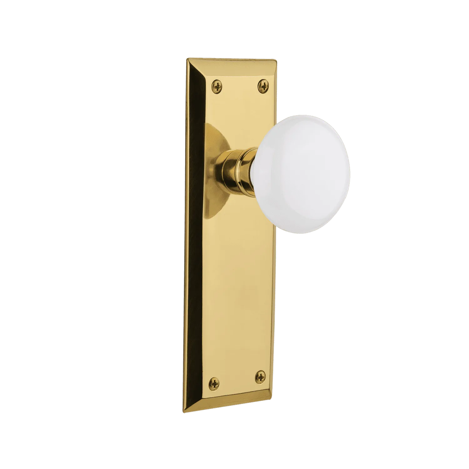 New York Long Plate with White Porcelain Knob in Polished Brass