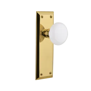 New York Long Plate with White Porcelain Knob in Polished Brass