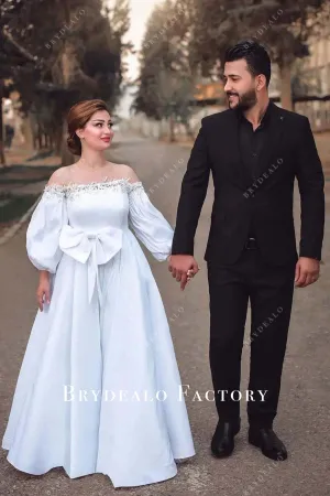 Off-Shoulder Puffy Sleeves Bowknot Plus Size A-Line Bridal Dress