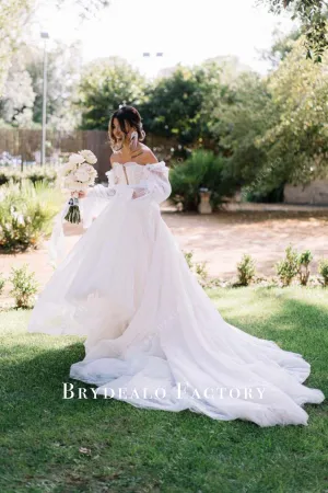 Off Shoulder Sheer Sleeves Long Train Wedding Dress