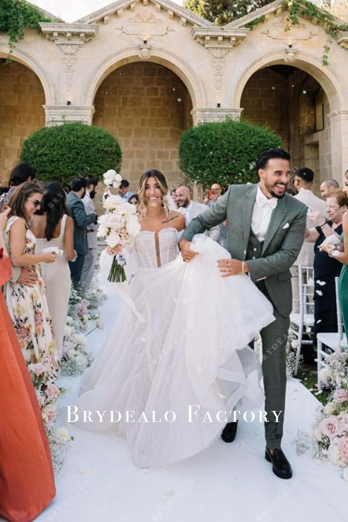 Off Shoulder Sheer Sleeves Long Train Wedding Dress