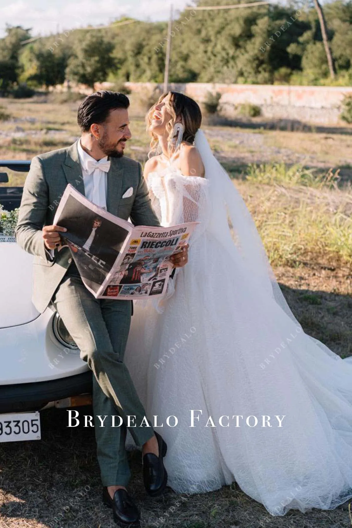 Off Shoulder Sheer Sleeves Long Train Wedding Dress