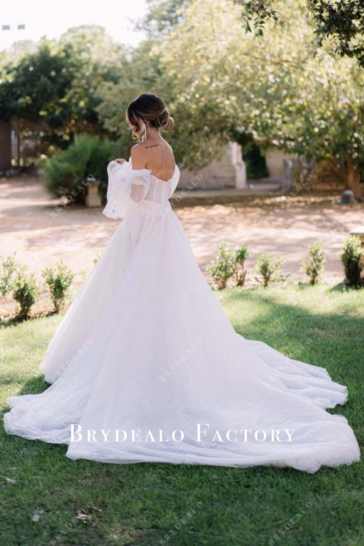 Off Shoulder Sheer Sleeves Long Train Wedding Dress
