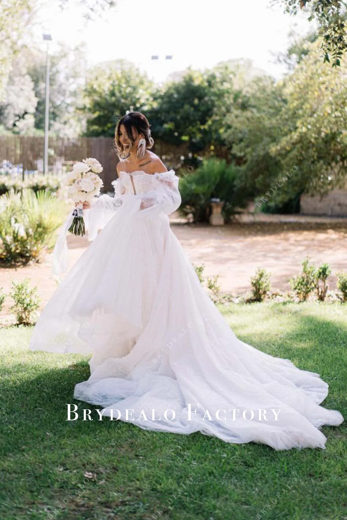 Off Shoulder Sheer Sleeves Long Train Wedding Dress