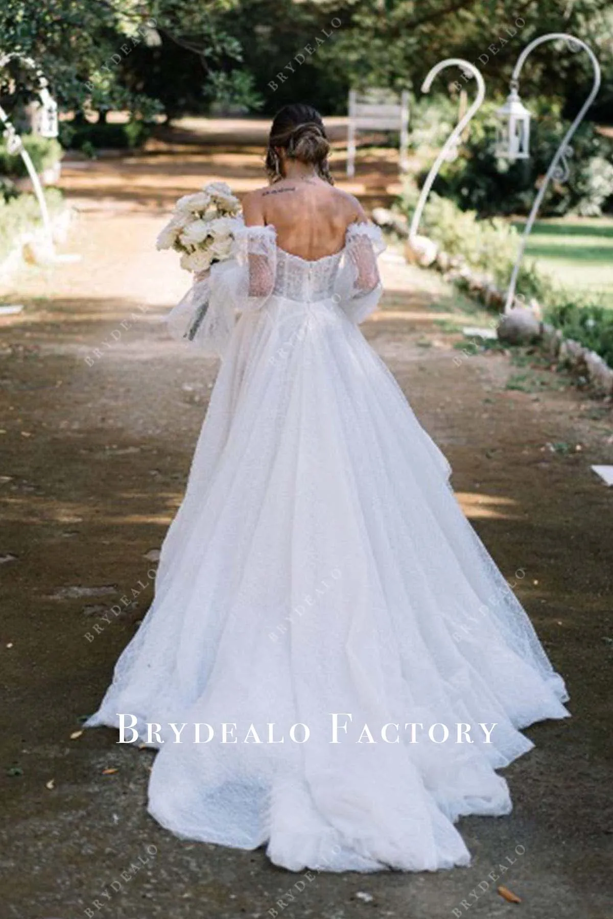 Off Shoulder Sheer Sleeves Long Train Wedding Dress