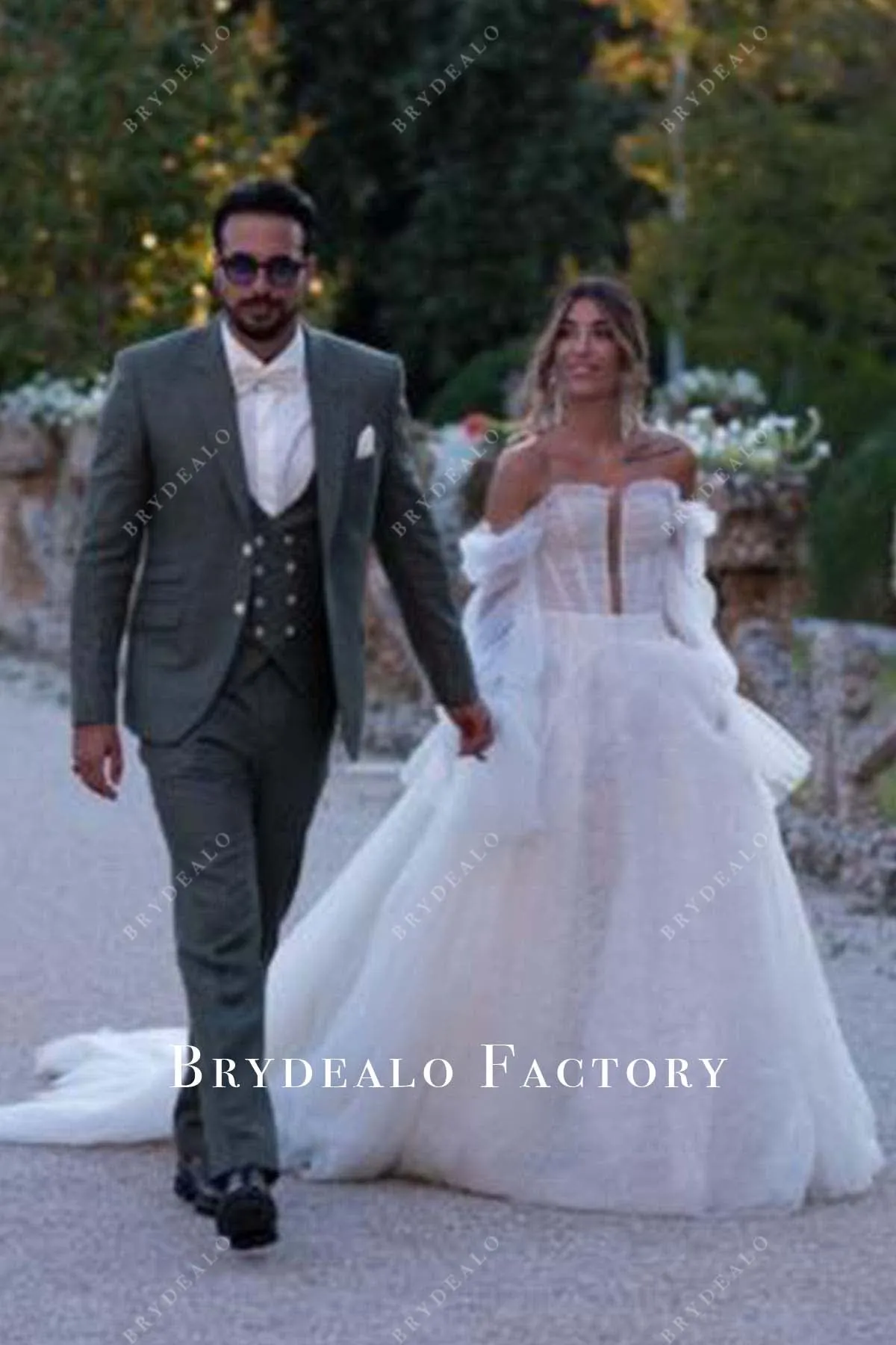 Off Shoulder Sheer Sleeves Long Train Wedding Dress