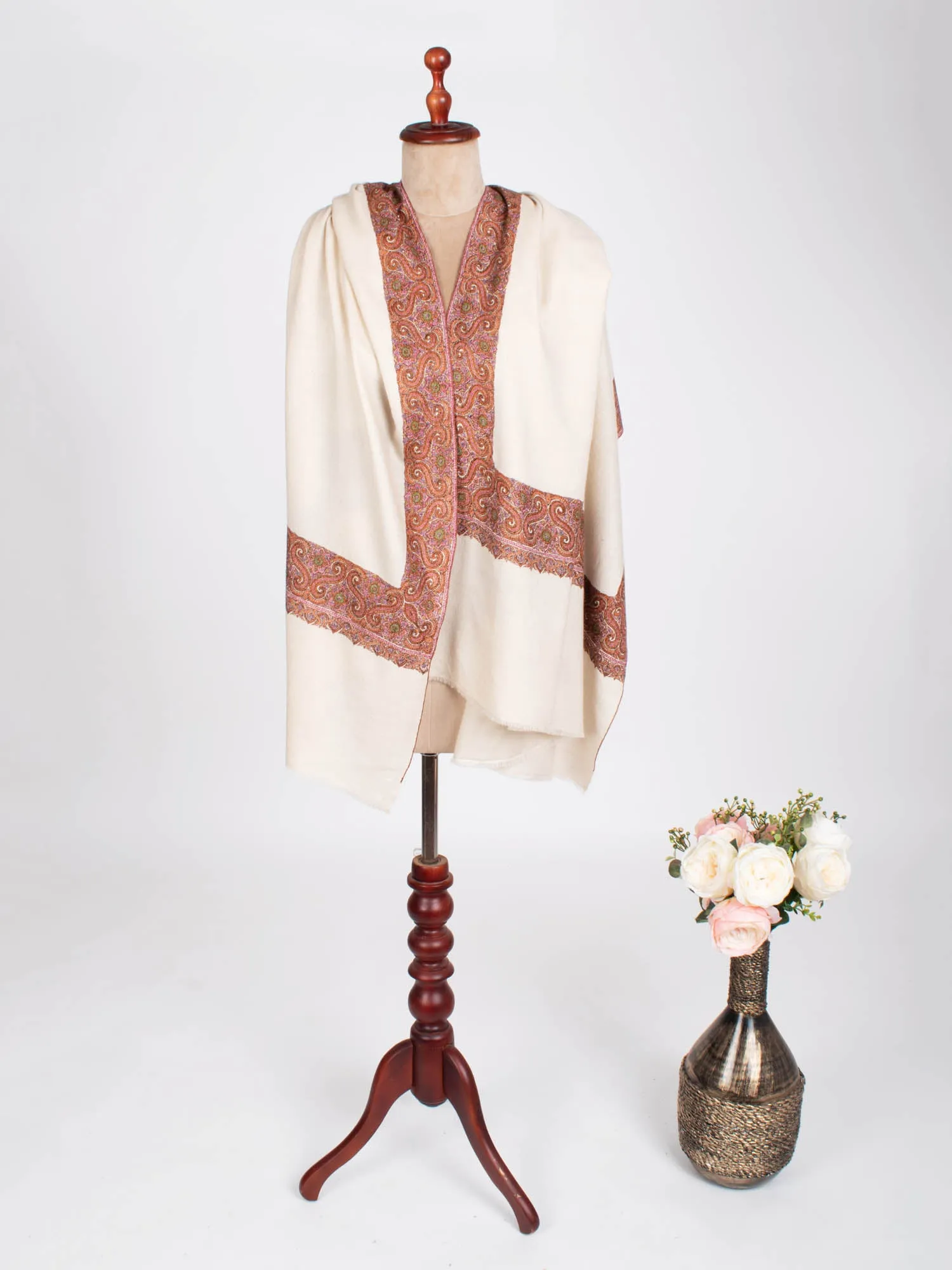 Offwhite Embroidered Cover Up Pashmina Shawl - MISHAWAKA