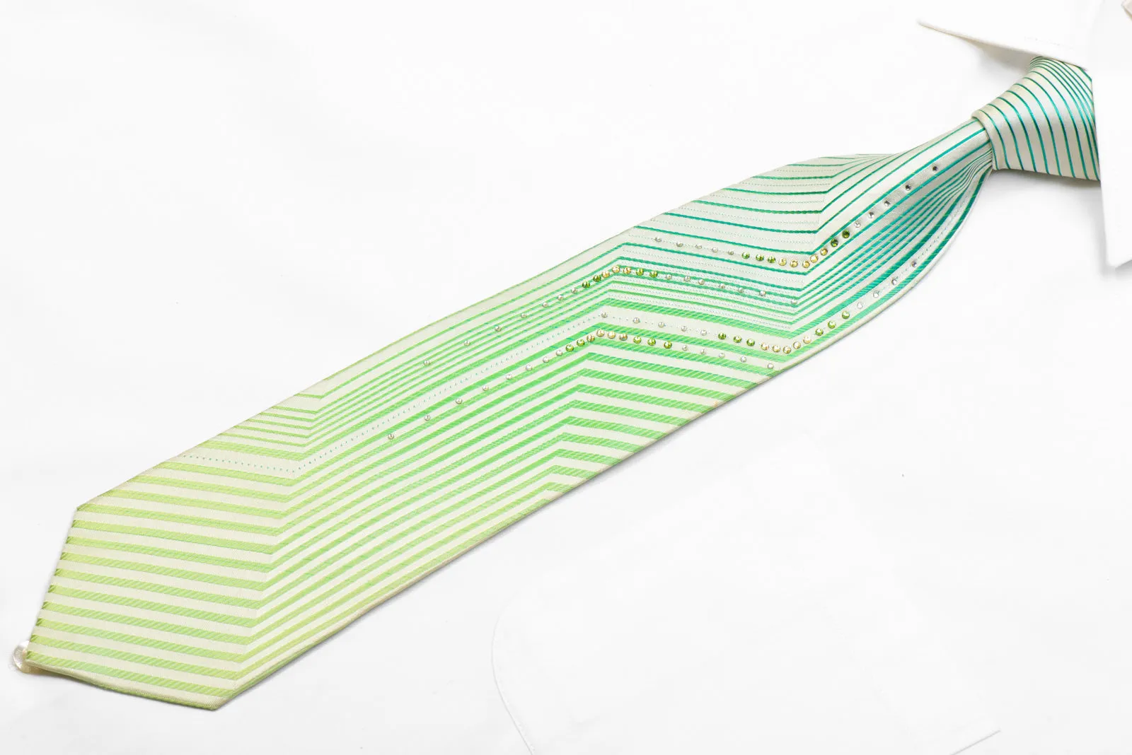 Perry Ellis Rhinestone Silk Necktie Vertical Striped On White With Blue Sparkles