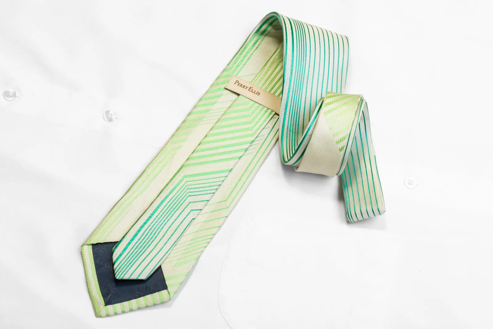 Perry Ellis Rhinestone Silk Necktie Vertical Striped On White With Blue Sparkles