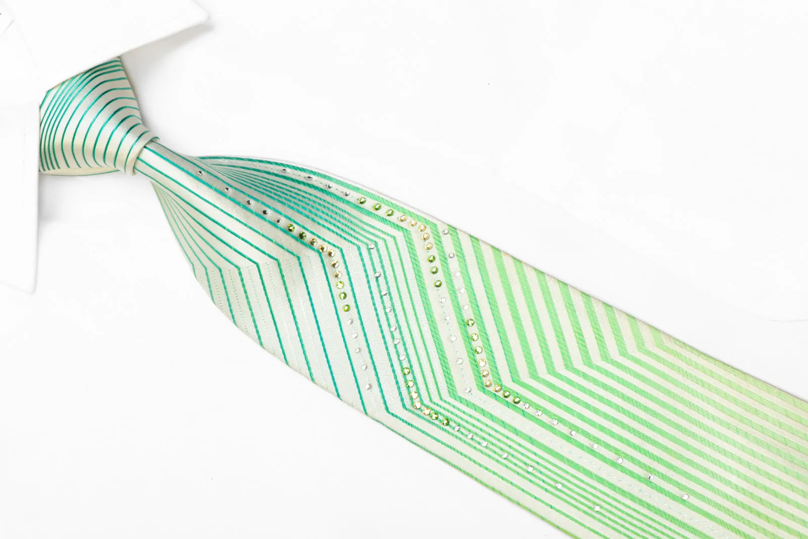 Perry Ellis Rhinestone Silk Necktie Vertical Striped On White With Blue Sparkles