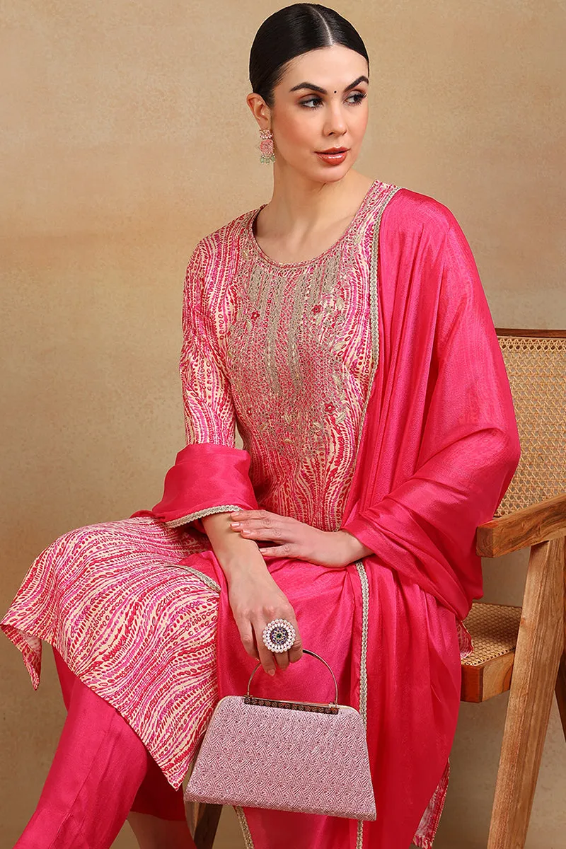 Pink Rayon Abstract Printed Embroidered Straight Suit Set