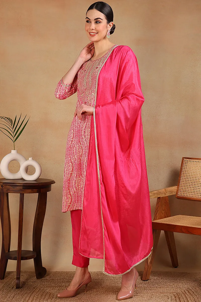 Pink Rayon Abstract Printed Embroidered Straight Suit Set