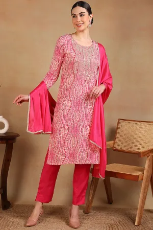 Pink Rayon Abstract Printed Embroidered Straight Suit Set
