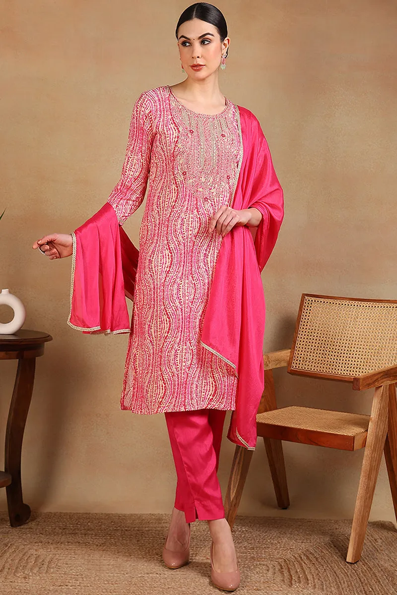 Pink Rayon Abstract Printed Embroidered Straight Suit Set