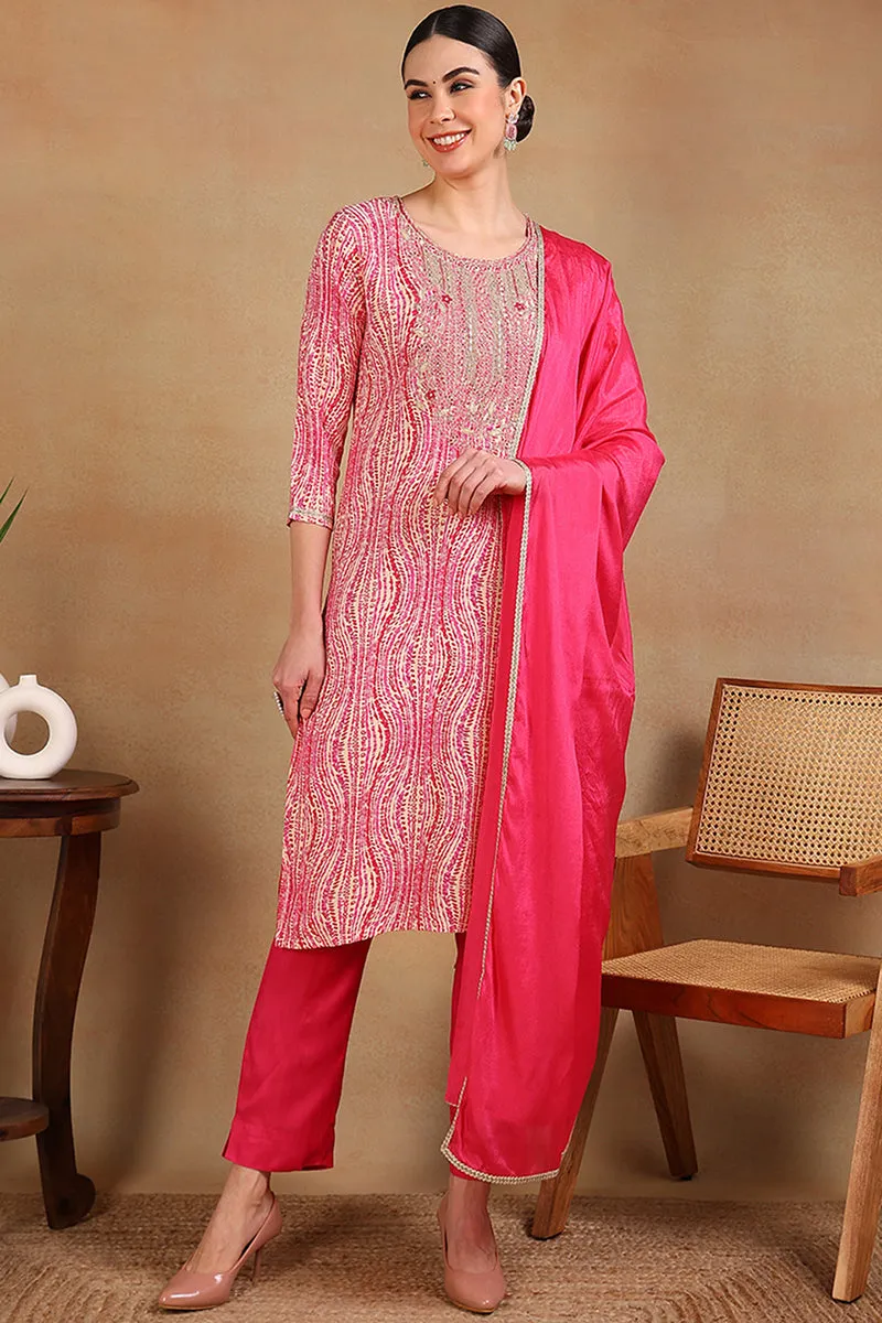 Pink Rayon Abstract Printed Embroidered Straight Suit Set
