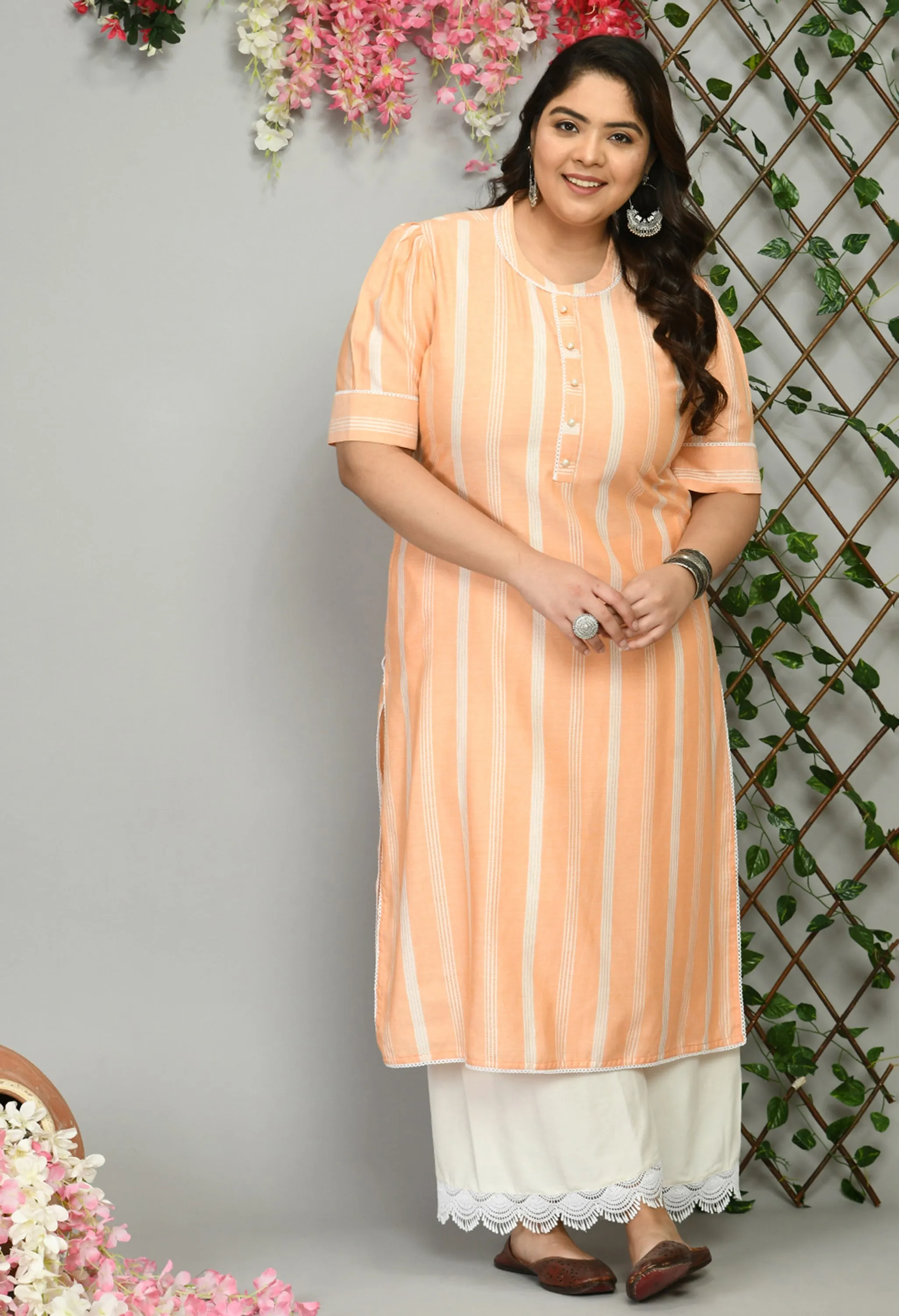 Plus Size Coral Peach Striped Kurta Palazzo Set