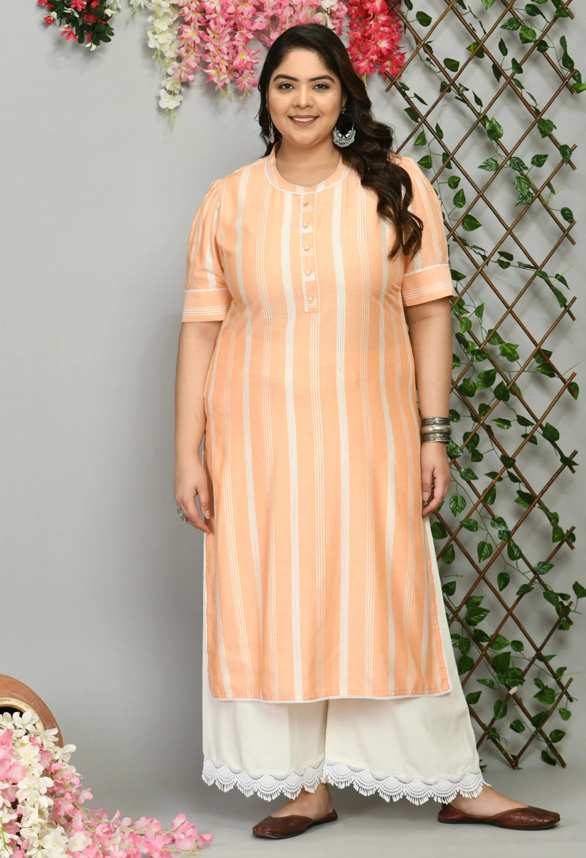 Plus Size Coral Peach Striped Kurta Palazzo Set