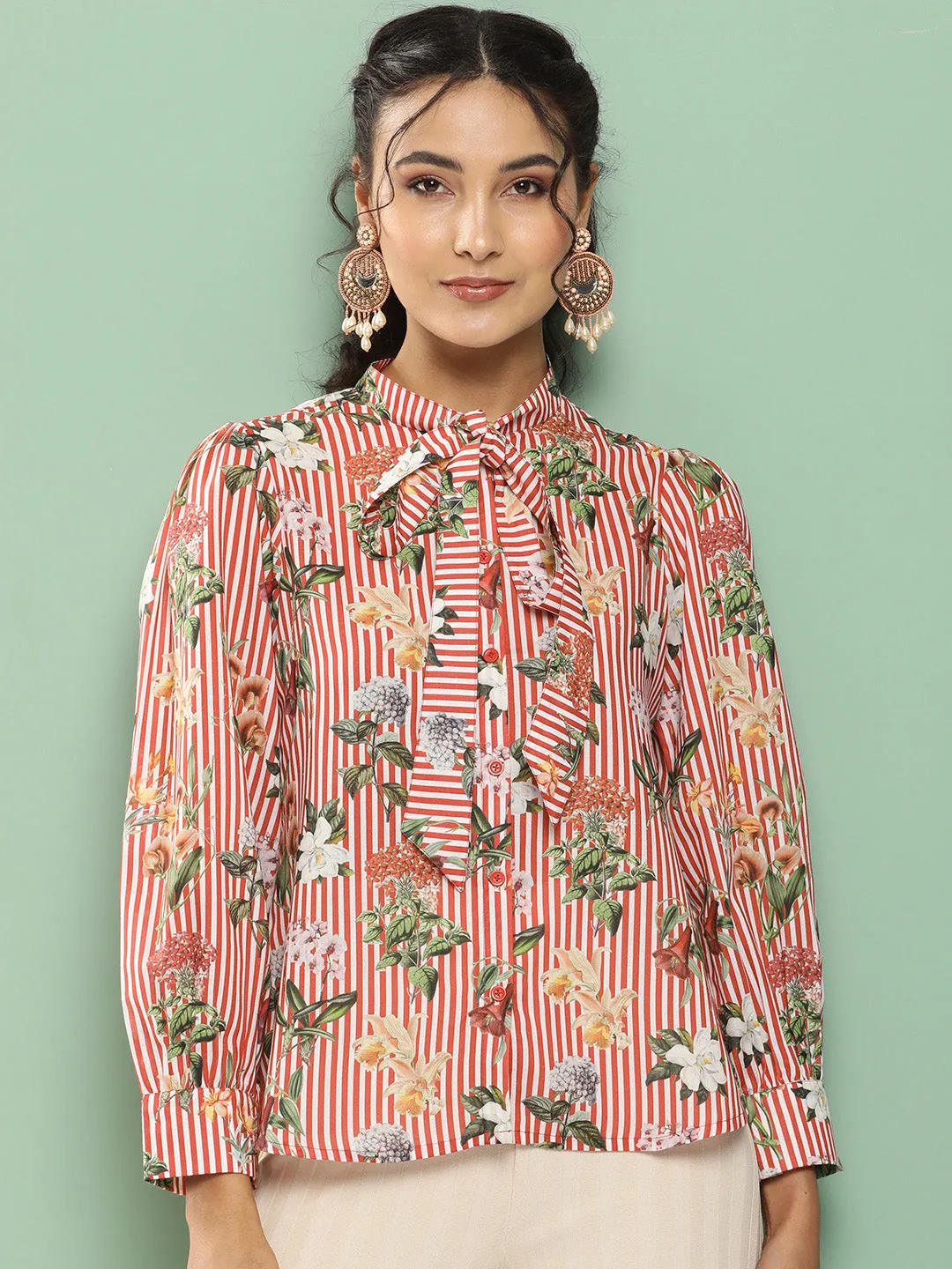 Red & White Striped Printed Top