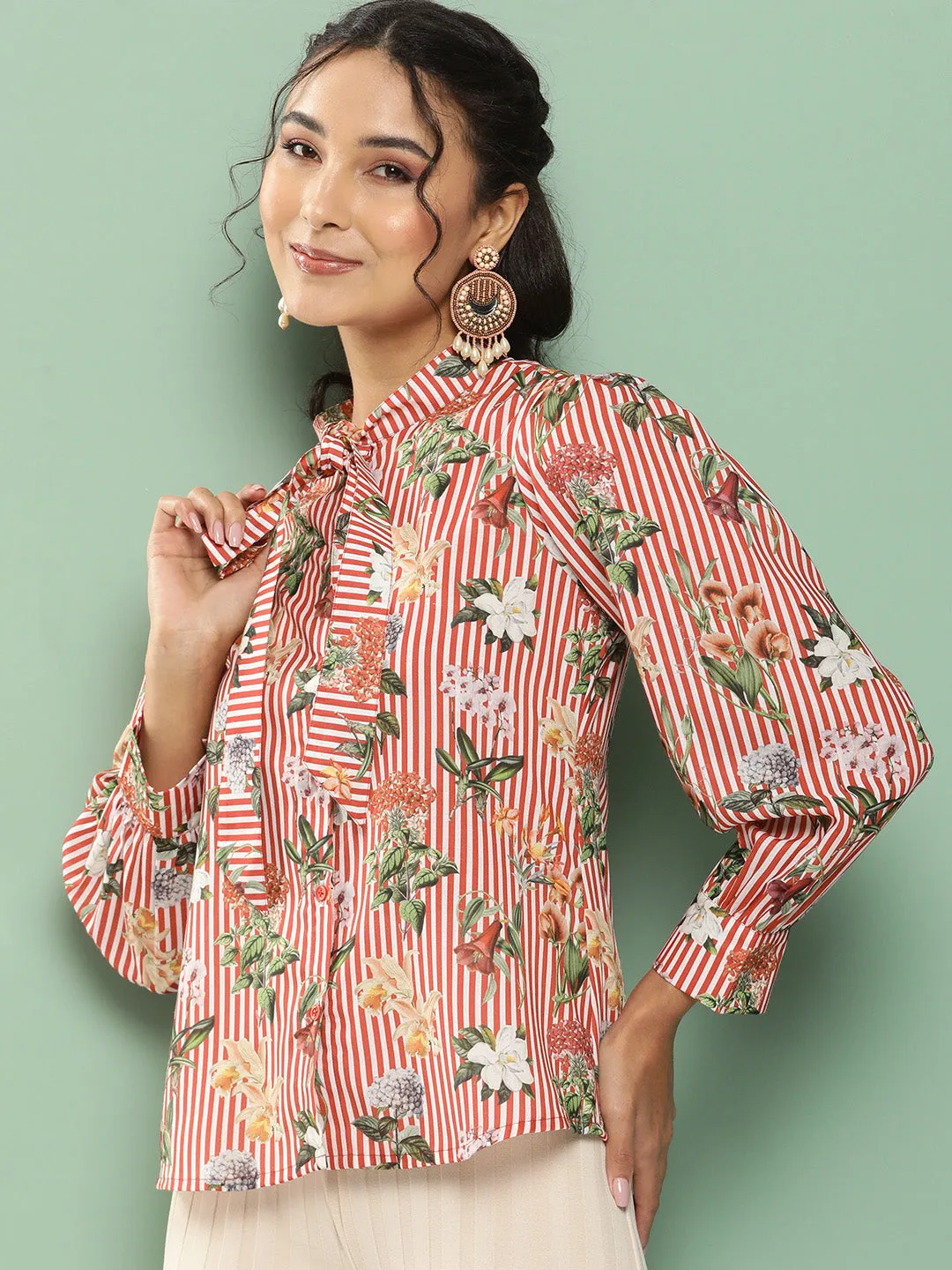 Red & White Striped Printed Top