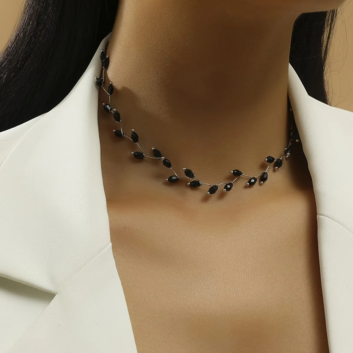 Sleek Black Crystal Beads Choker Necklace for Women