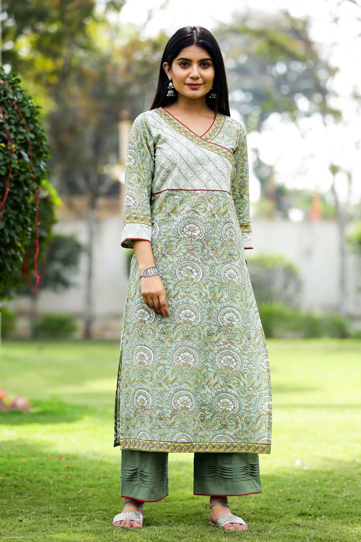 Straight fit /Angrakha style kurta in mehendi green color