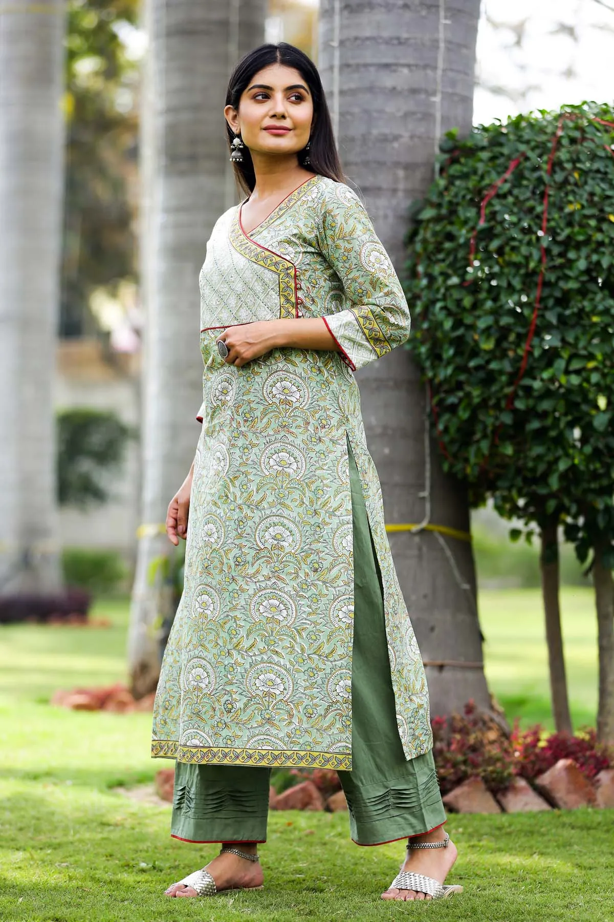 Straight fit /Angrakha style kurta in mehendi green color