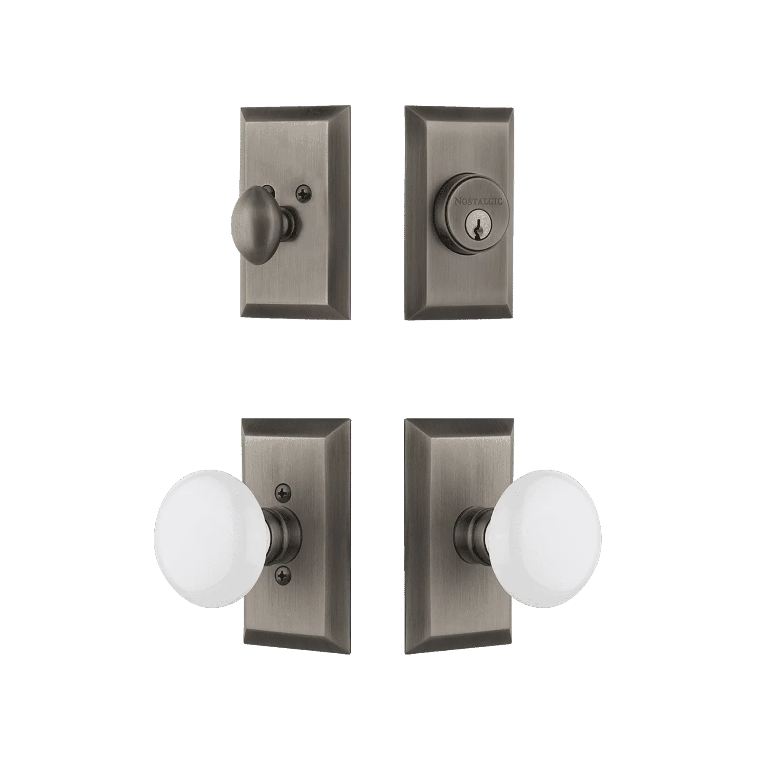 Studio Entry Set with White Porcelain Knob in Antique Pewter