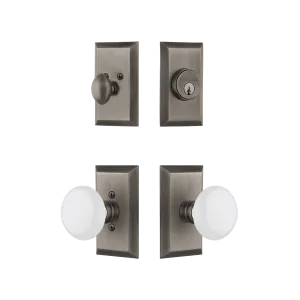 Studio Entry Set with White Porcelain Knob in Antique Pewter