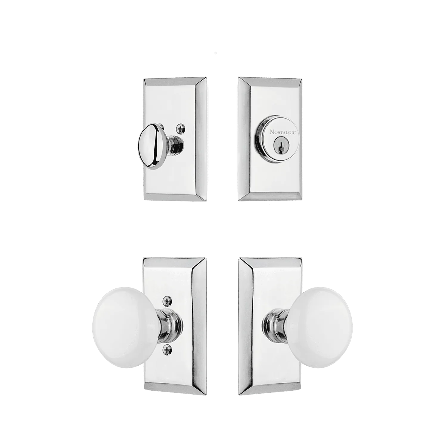 Studio Entry Set with White Porcelain Knob in Bright Chrome