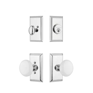 Studio Entry Set with White Porcelain Knob in Bright Chrome