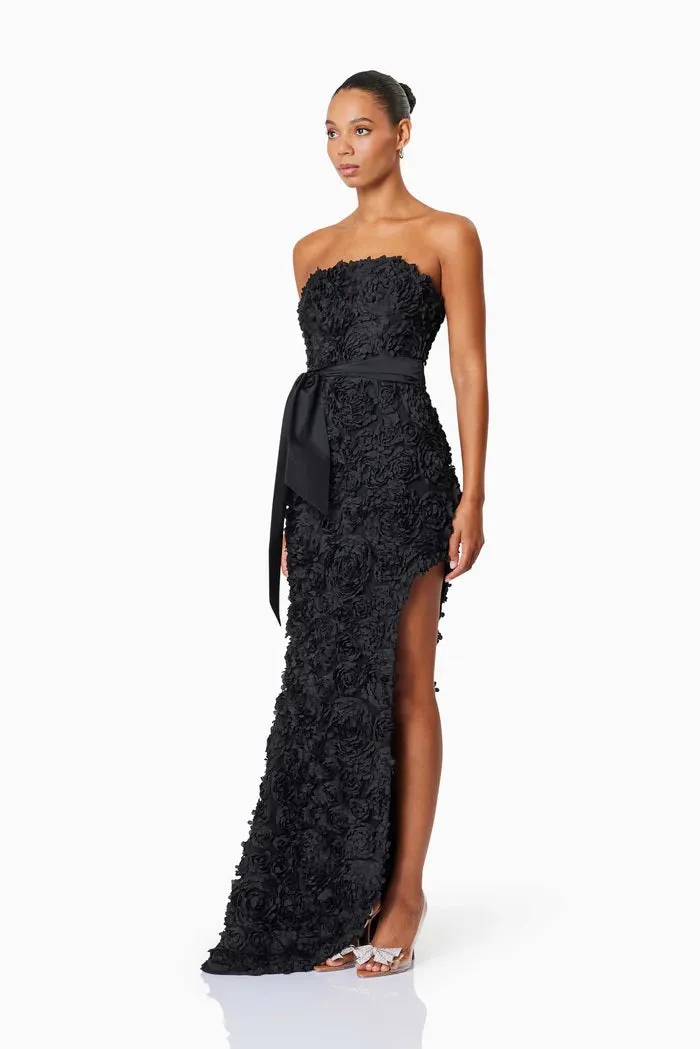 Textured Floral Strapless Hi Lo Gown - Black