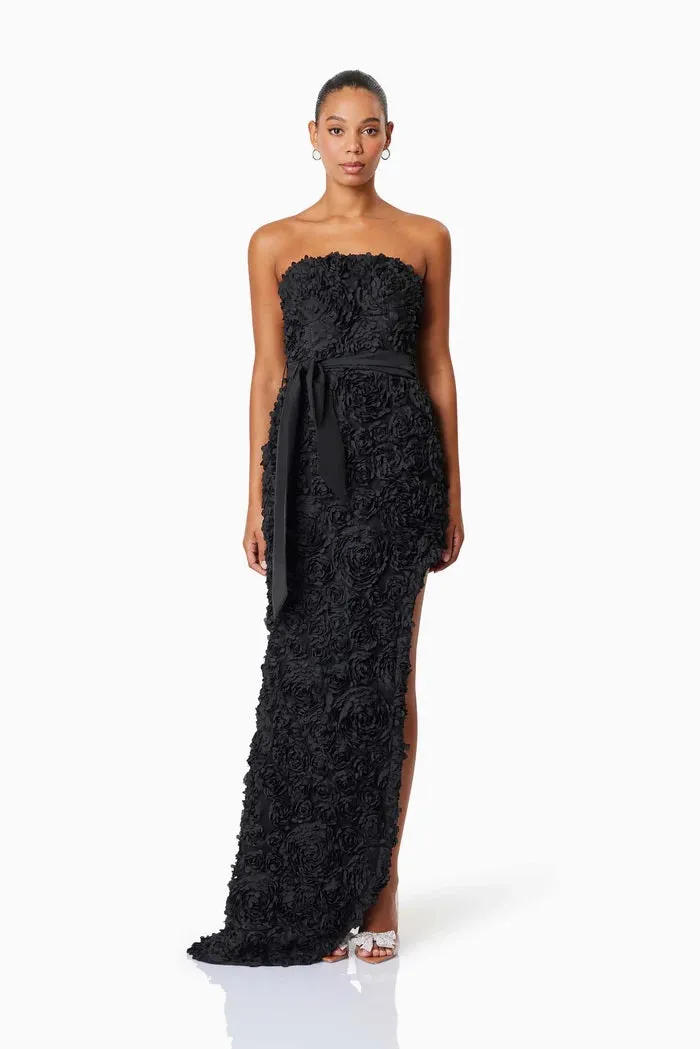 Textured Floral Strapless Hi Lo Gown - Black