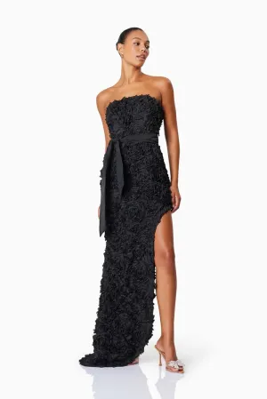Textured Floral Strapless Hi Lo Gown - Black