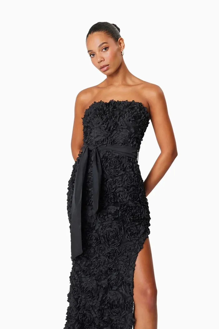 Textured Floral Strapless Hi Lo Gown - Black