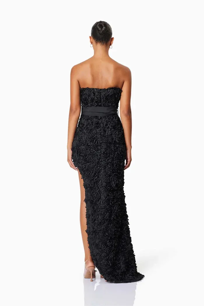 Textured Floral Strapless Hi Lo Gown - Black