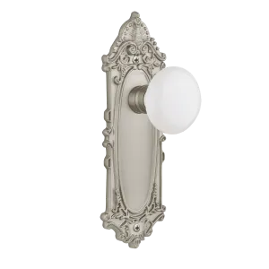 Victorian Long Plate with White Porcelain Knob in Satin Nickel