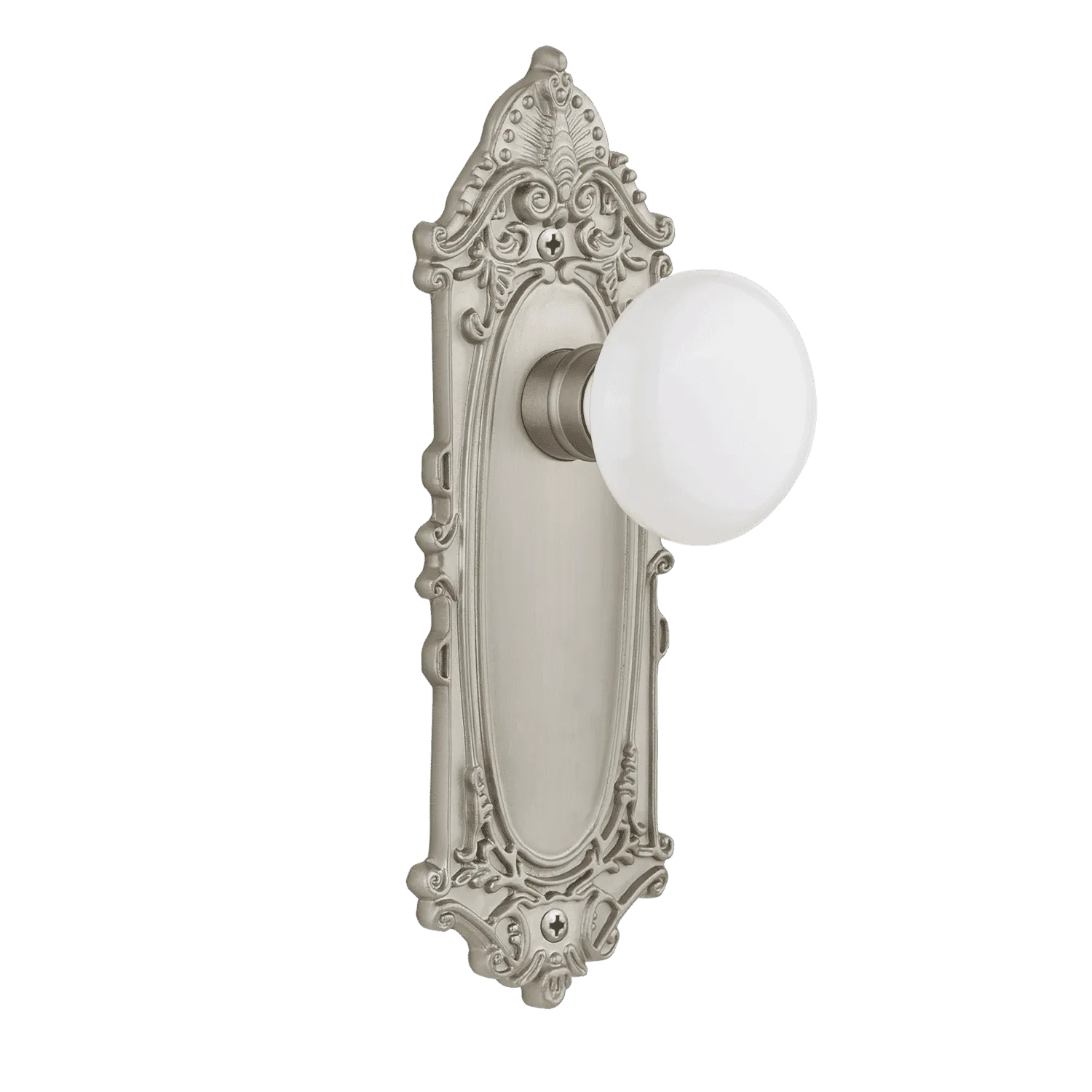 Victorian Long Plate with White Porcelain Knob in Satin Nickel