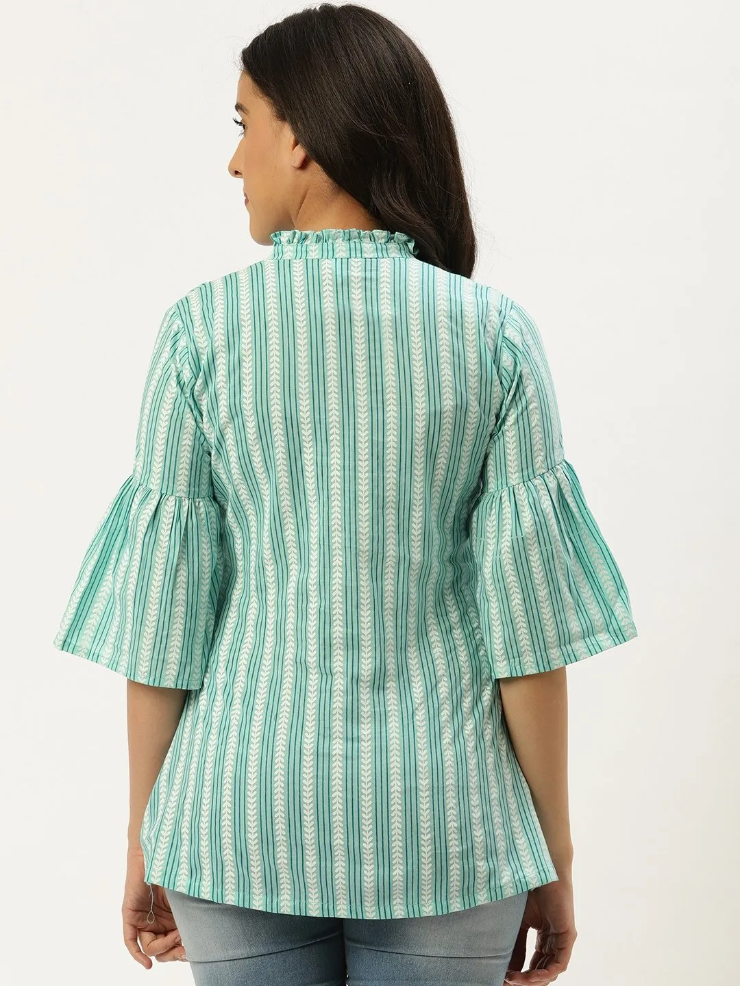Women Aqua Green Three-Quarter Sleeves Gathered Or Pleated Top