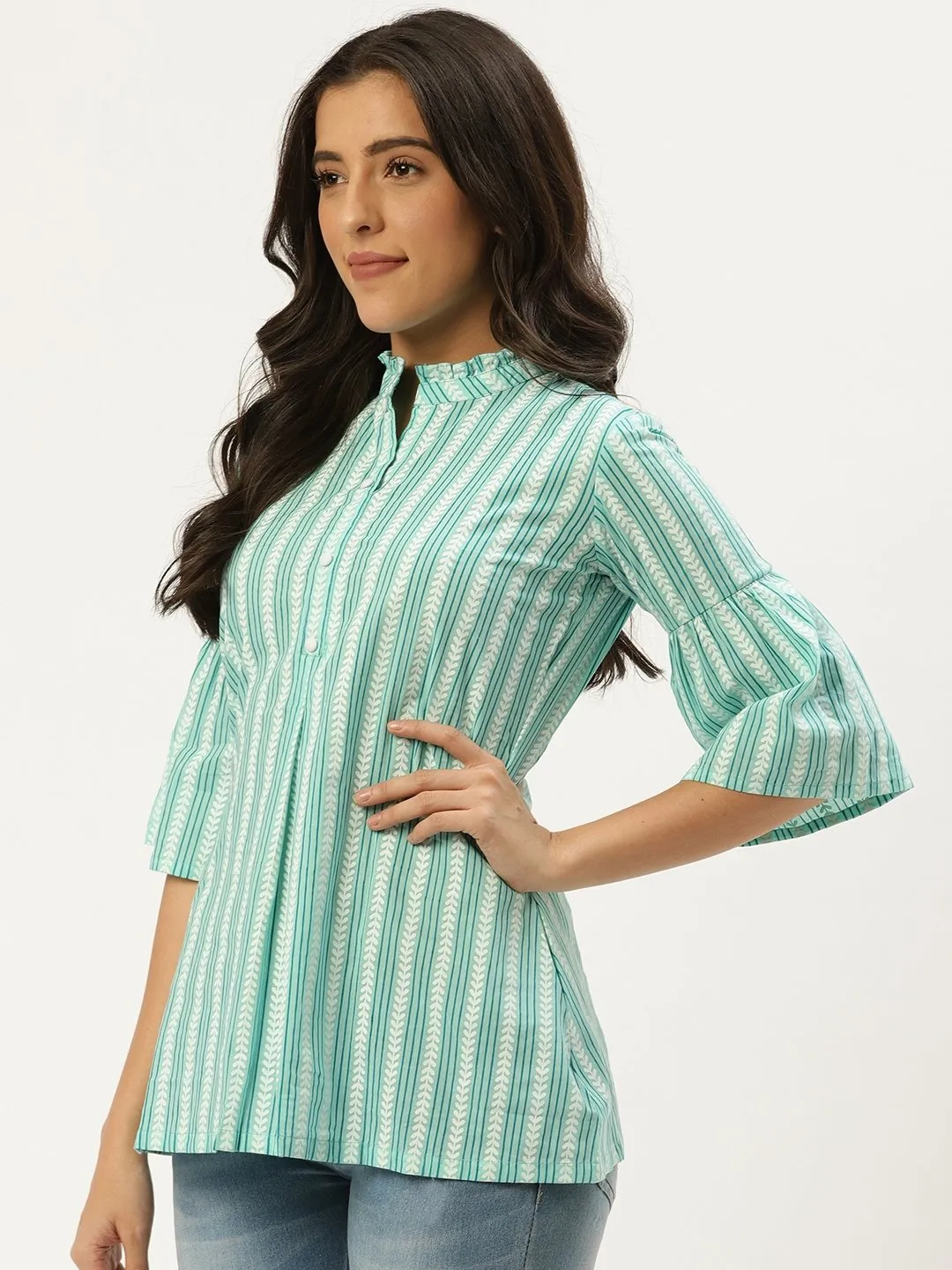 Women Aqua Green Three-Quarter Sleeves Gathered Or Pleated Top