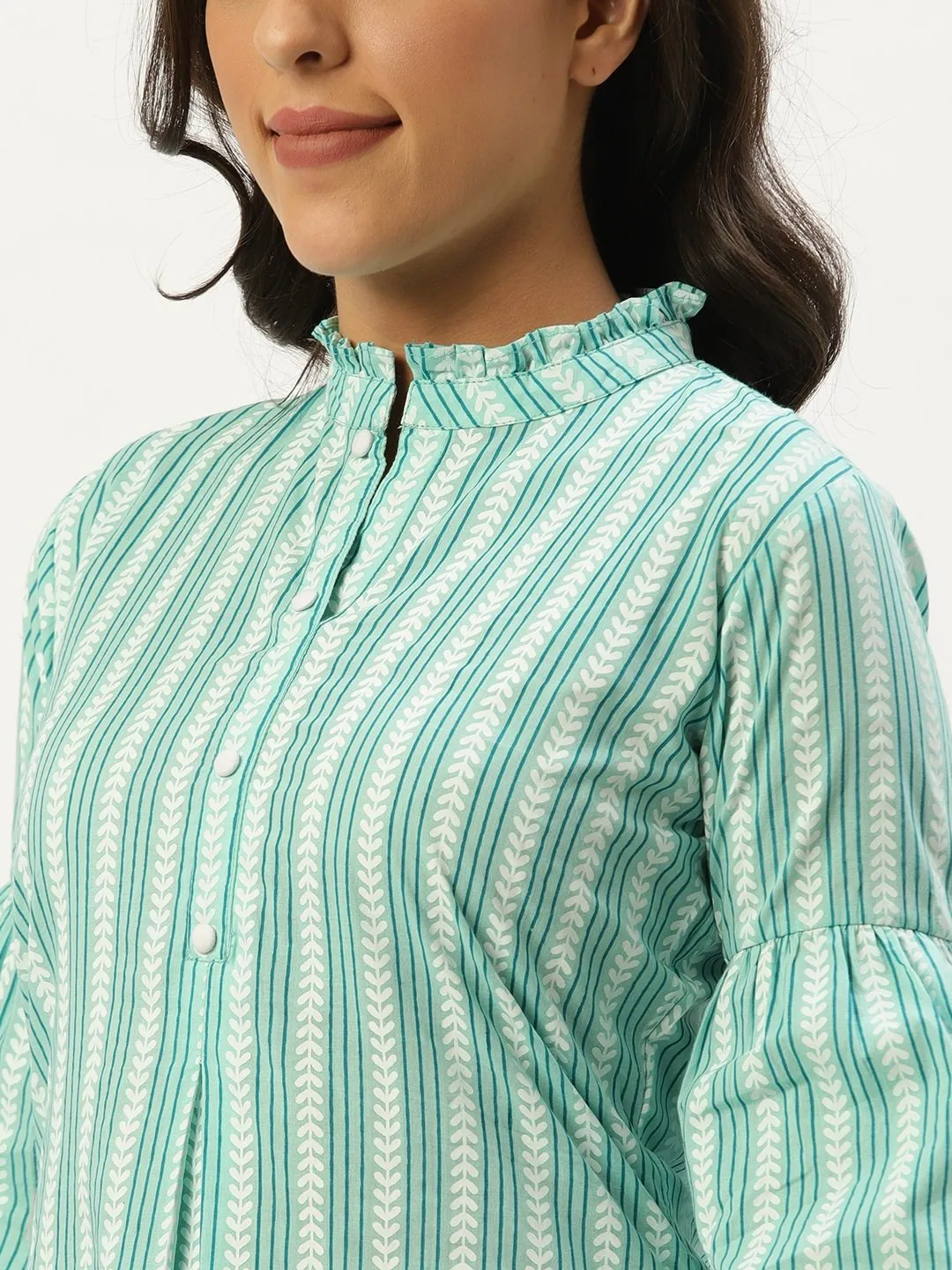 Women Aqua Green Three-Quarter Sleeves Gathered Or Pleated Top