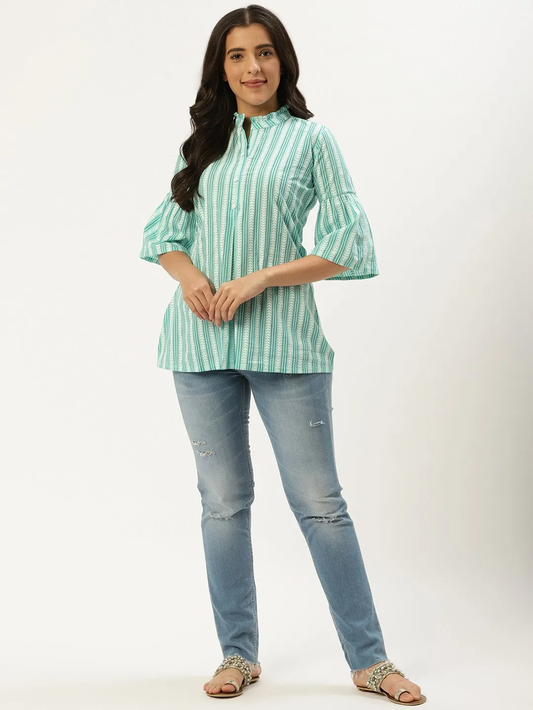 Women Aqua Green Three-Quarter Sleeves Gathered Or Pleated Top