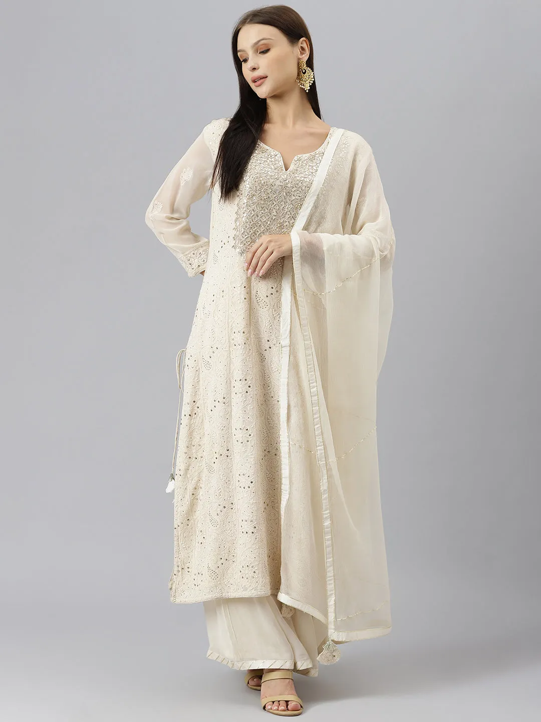Women Baby Pink Pure Rassion Chenderi Kurta Sharara Set With Dupatta