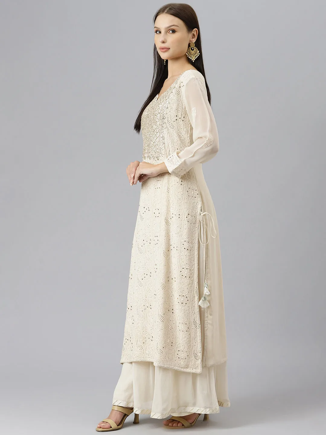 Women Baby Pink Pure Rassion Chenderi Kurta Sharara Set With Dupatta