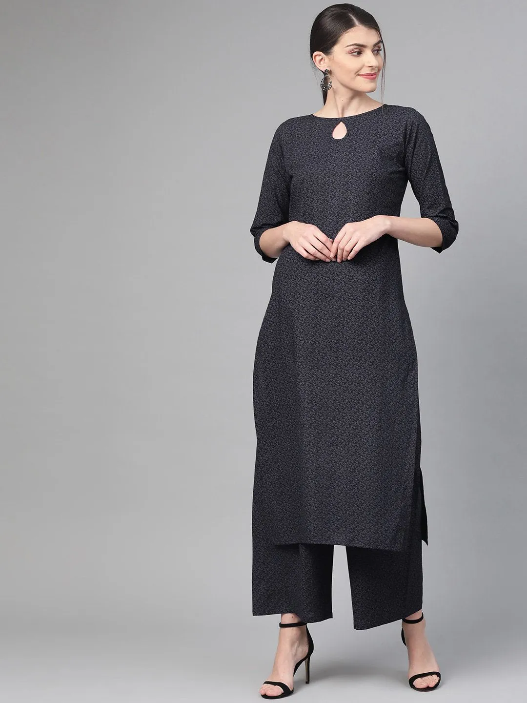 Women Black & Grey Straight Abstract Printed Kurta And Palazzos Set