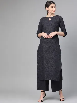 Women Black & Grey Straight Abstract Printed Kurta And Palazzos Set